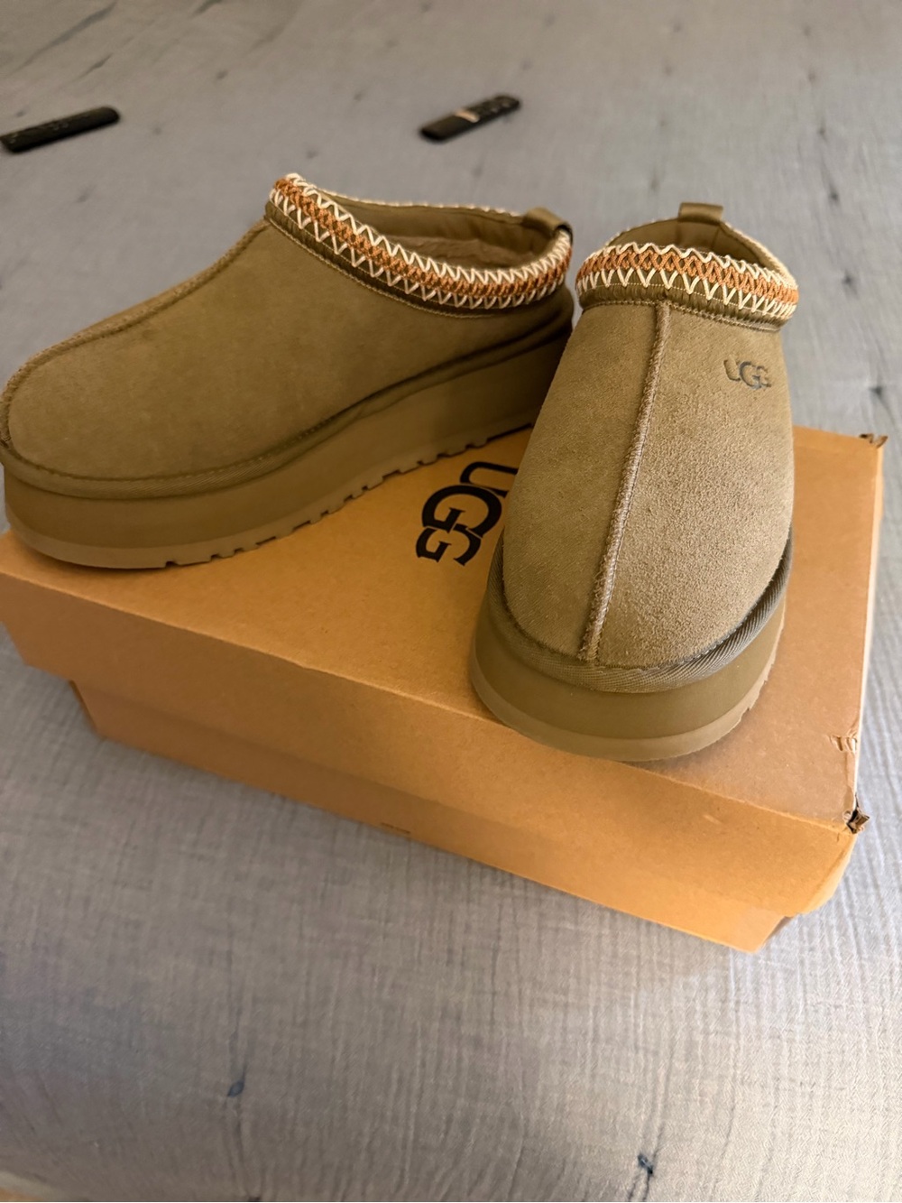 UGG Olive Suede Platform Clog Mules with Decorative Trim